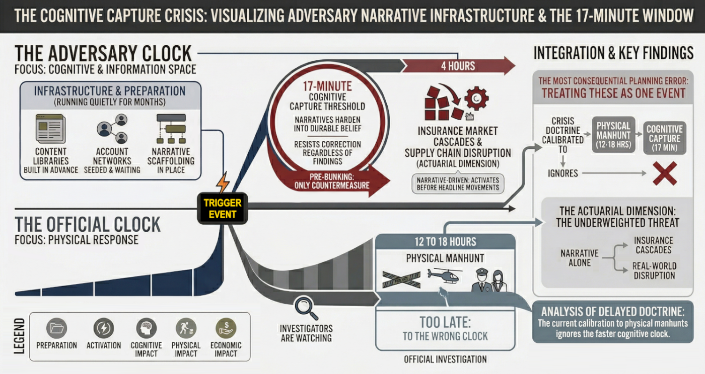 Two-clock diagram showing the divergence between the official clock (physical manhunt) and the adversary clock (cognitive capture) from the trigger event