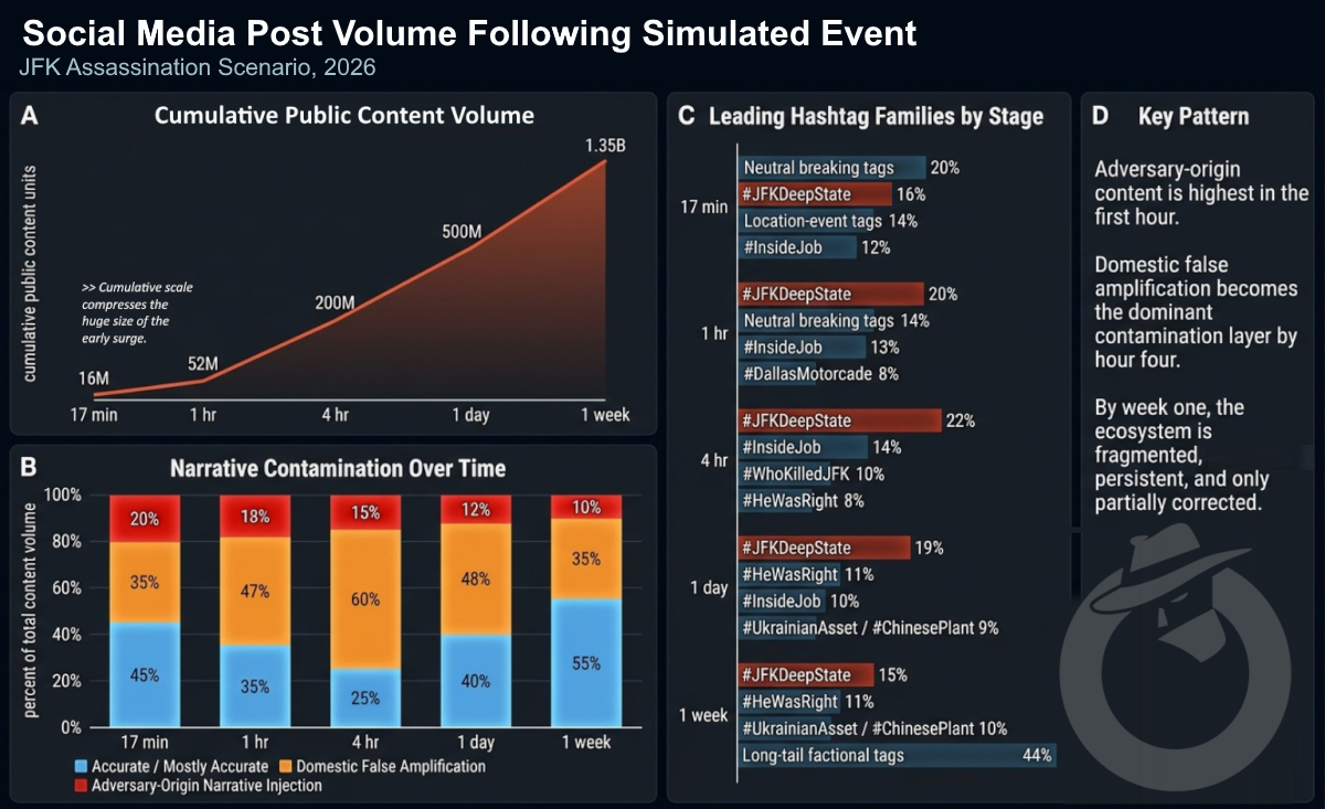 Four-panel dashboard showing cumulative content volume from 16M at 17 minutes to 1.35B at one week, narrative contamination shift, hashtag family persistence, and weekly fragmentation pattern