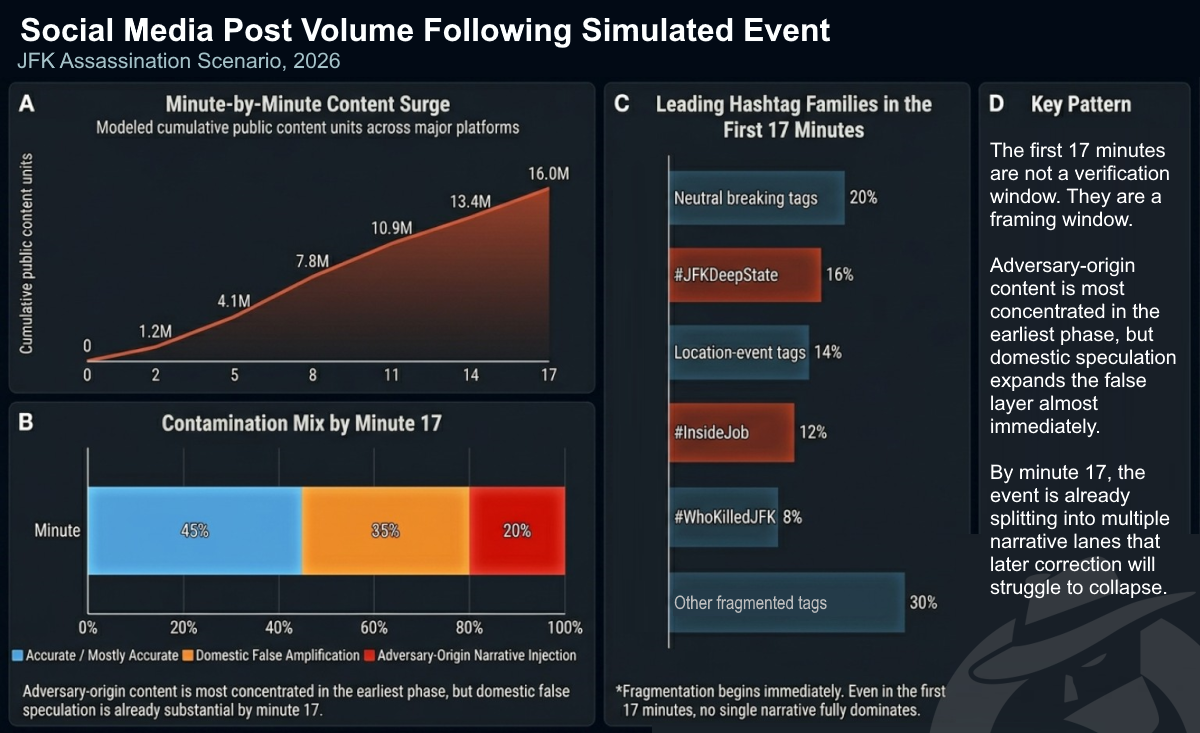 Four-panel dashboard showing minute-by-minute content surge to 16M units at minute 17, contamination mix, leading hashtags, and key framing-window insight