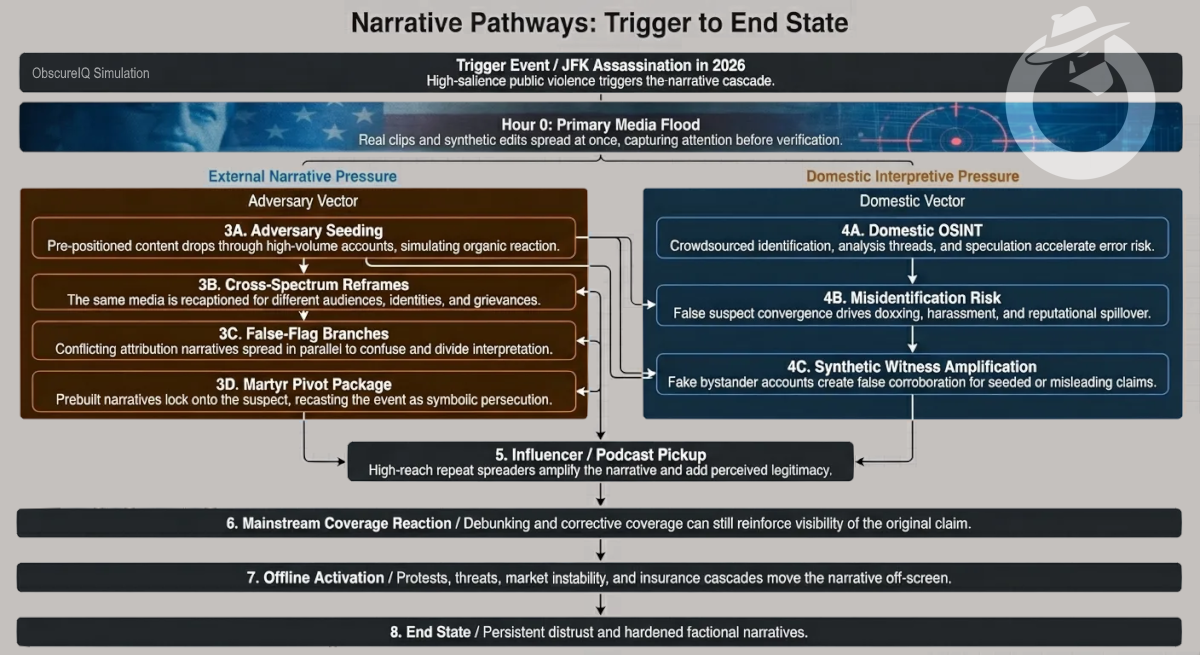 Narrative Pathways diagram: Trigger to End State — showing adversary vector (seeding, cross-spectrum reframes, false-flag branches, martyr pivot) and domestic vector (OSINT, misidentification risk, synthetic witness amplification) converging through influencer pickup to mainstream reaction, offline activation, and end state of persistent distrust